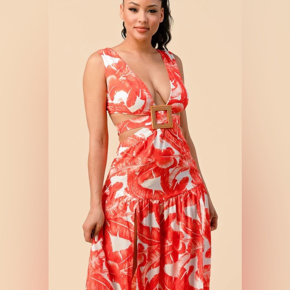 Tropical Leaves Cut-out Halter Dress by the Sang